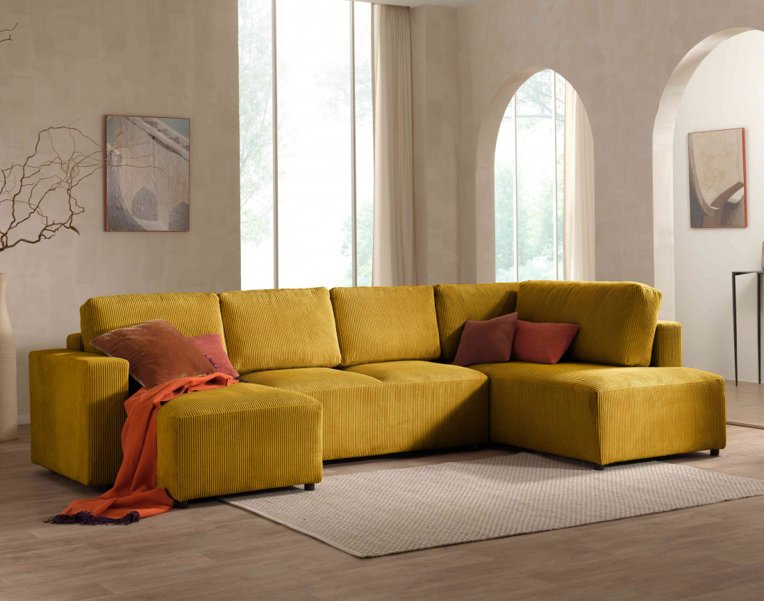 Canapé d'angle panoramique droit convertible avec coffre en velours côtelé Livy