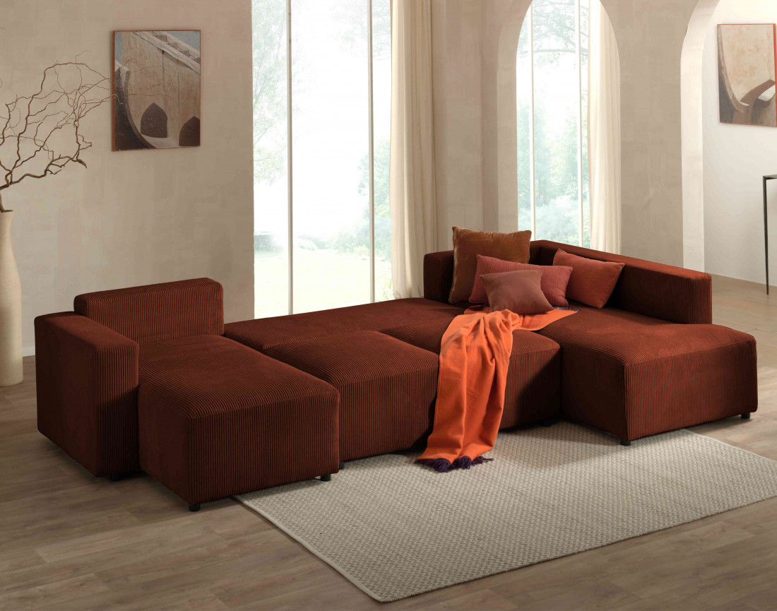 Canapé d'angle panoramique droit convertible avec coffre en velours côtelé Livy