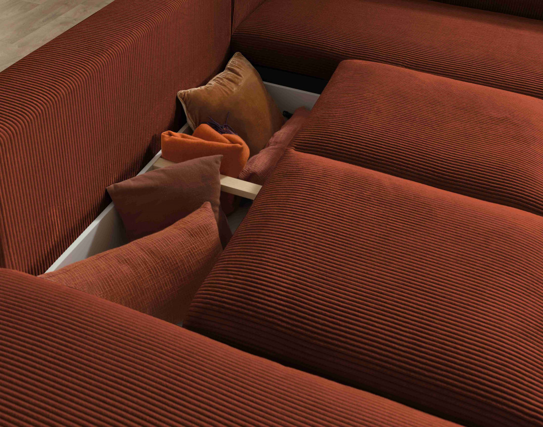 Canapé d'angle panoramique droit convertible avec coffre en velours côtelé Livy