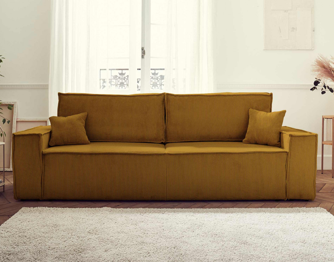 Dellia - canapé 3 places convertible - avec coffre - en velours côtelé - style contemporain