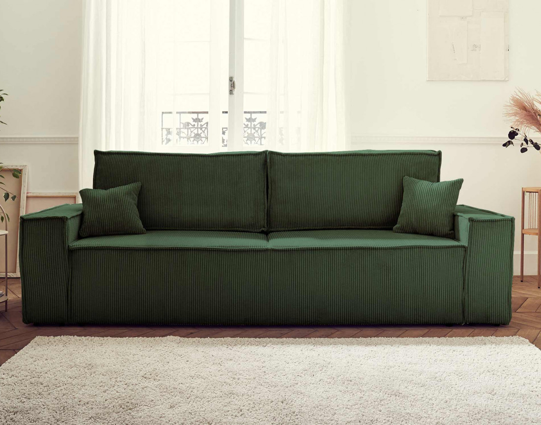 Dellia - canapé 3 places convertible - avec coffre - en velours côtelé - style contemporain