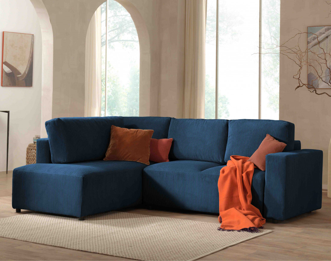 Canapé d'angle gauche 5 places convertible avec coffre en velours côtelé Livy