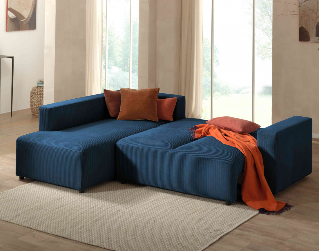 Canapé d'angle gauche 5 places convertible avec coffre en velours côtelé Livy