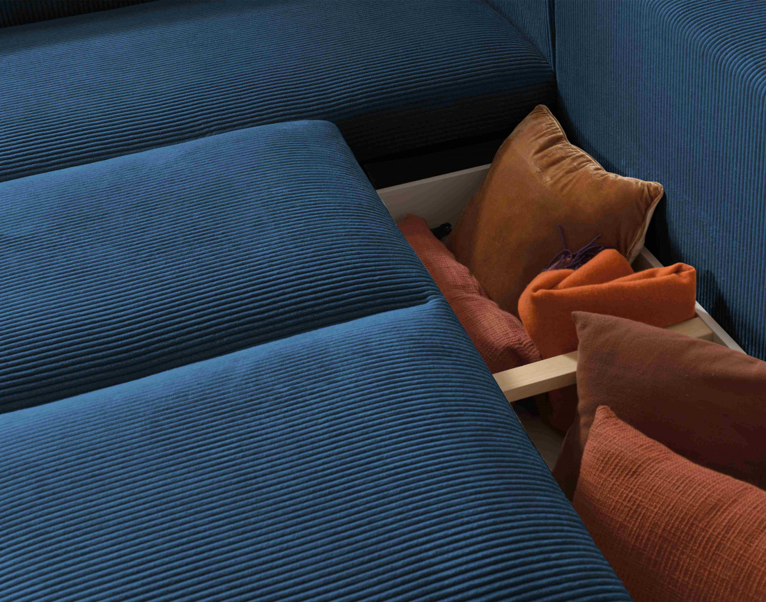 Canapé d'angle gauche 5 places convertible avec coffre en velours côtelé Livy