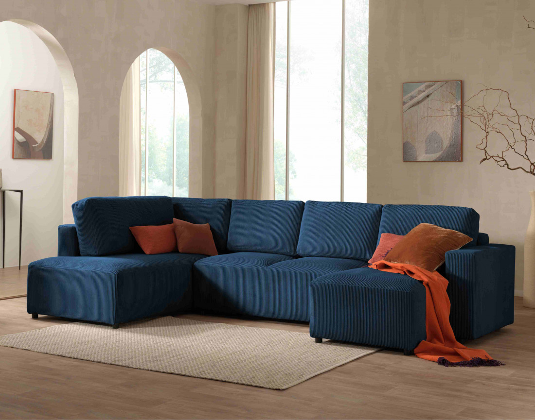 Canapé d'angle panoramique gauche convertible avec coffre en velours côtelé Livy