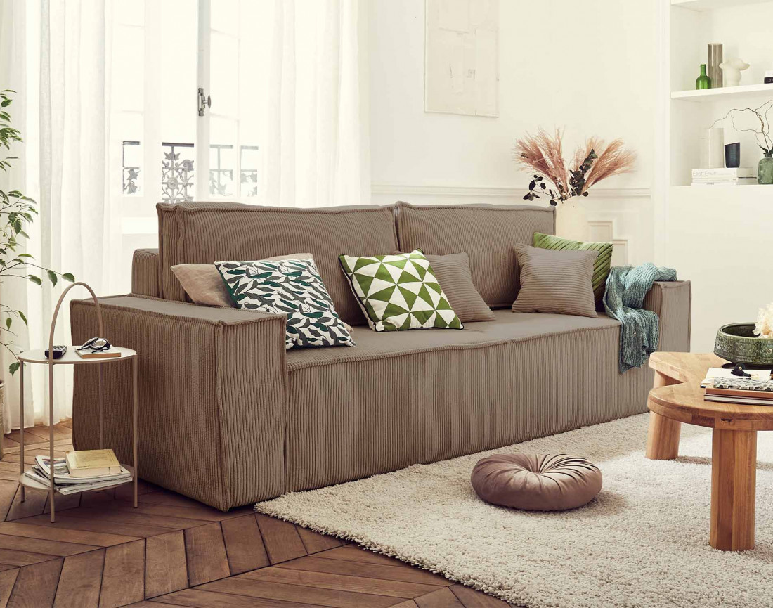 Dellia - canapé 3 places convertible - avec coffre - en velours côtelé - style contemporain