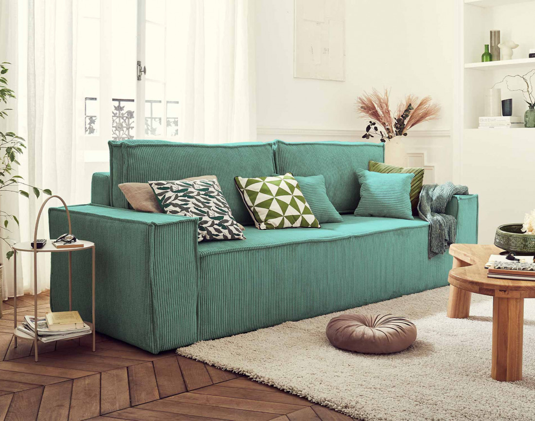 Dellia - canapé 3 places convertible avec coffre en velours côtelé - style contemporain