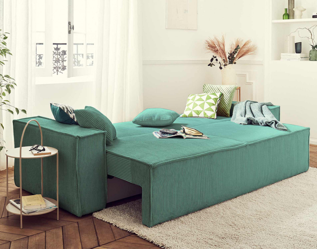Dellia - canapé 3 places convertible avec coffre en velours côtelé - style contemporain