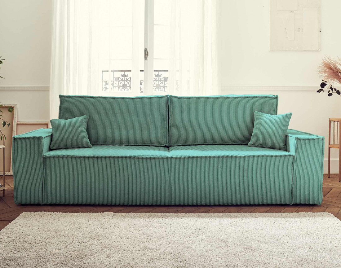 Dellia - canapé 3 places convertible avec coffre en velours côtelé - style contemporain