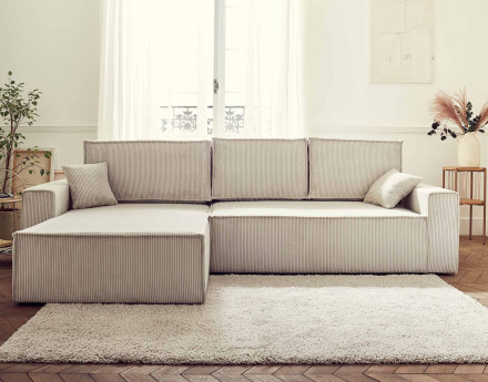 Dellia - canapé d'angle 4 places réversible convertible avec coffre en velours côtelé - style contemporain