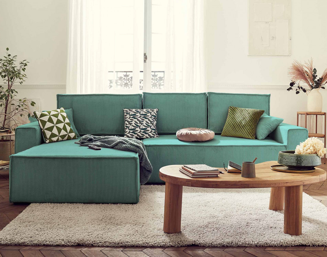 Dellia - canapé d'angle 4 places réversible convertible avec coffre en velours côtelé - style contemporain