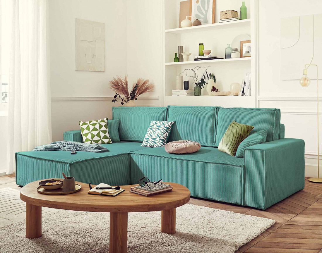 Dellia - canapé d'angle 4 places réversible convertible avec coffre en velours côtelé - style contemporain