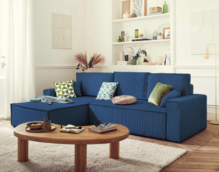 Dellia - canapé d'angle 4 places réversible convertible avec coffre en velours côtelé - style contemporain