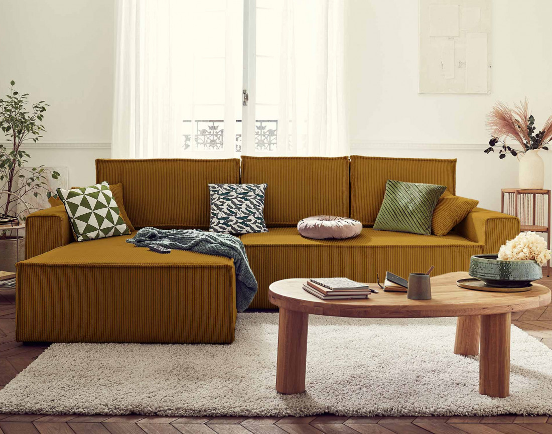 Dellia - canapé d'angle 4 places réversible convertible avec coffre en velours côtelé - style contemporain