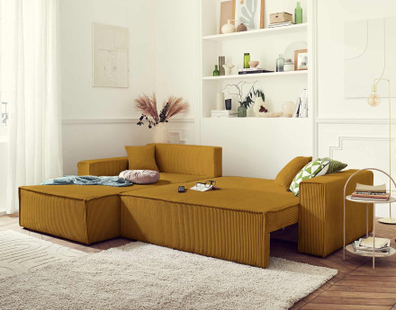 Dellia - canapé d'angle 4 places réversible convertible avec coffre en velours côtelé - style contemporain