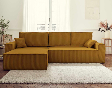 Dellia - canapé d'angle 4 places réversible convertible avec coffre en velours côtelé - style contemporain