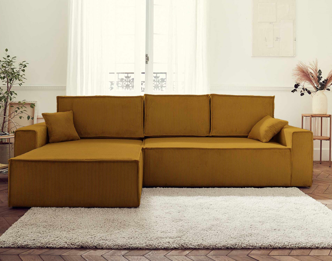 Dellia - canapé d'angle 4 places réversible convertible avec coffre en velours côtelé - style contemporain