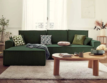 Dellia - canapé d'angle 4 places réversible convertible avec coffre en velours côtelé - style contemporain