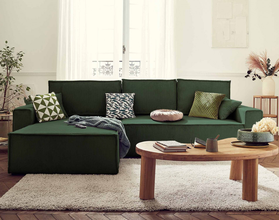 Dellia - canapé d'angle 4 places réversible convertible avec coffre en velours côtelé - style contemporain