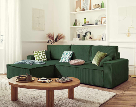 Dellia - canapé d'angle 4 places réversible convertible avec coffre en velours côtelé - style contemporain