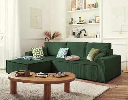 Dellia - canapé d'angle 4 places réversible convertible avec coffre en velours côtelé - style contemporain