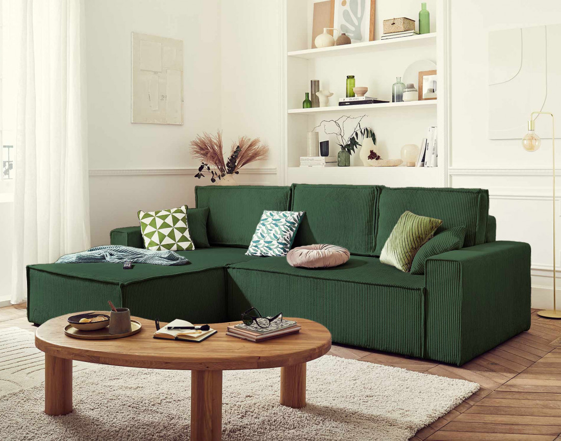 Dellia - canapé d'angle 4 places réversible convertible avec coffre en velours côtelé - style contemporain