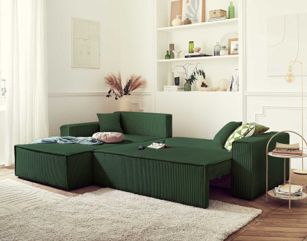 Dellia - canapé d'angle 4 places réversible convertible avec coffre en velours côtelé - style contemporain