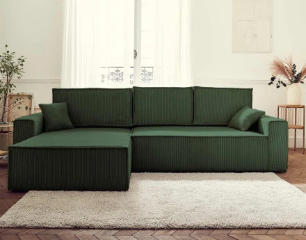 Dellia - canapé d'angle 4 places réversible convertible avec coffre en velours côtelé - style contemporain