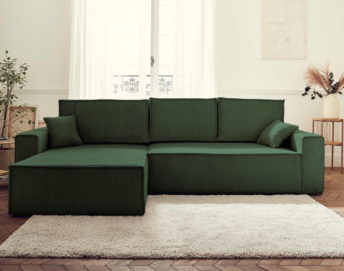 Dellia - canapé d'angle 4 places réversible convertible avec coffre en velours côtelé - style contemporain