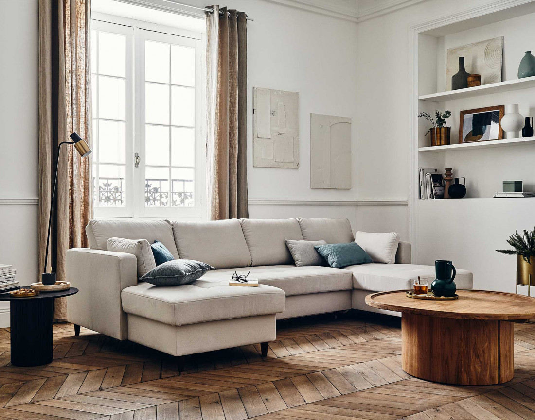 Canapé panoramique en U 7 places convertible avec coffre en velours Anna Canapé panoramique en U 7 places convertible avec coffre en velours Anna