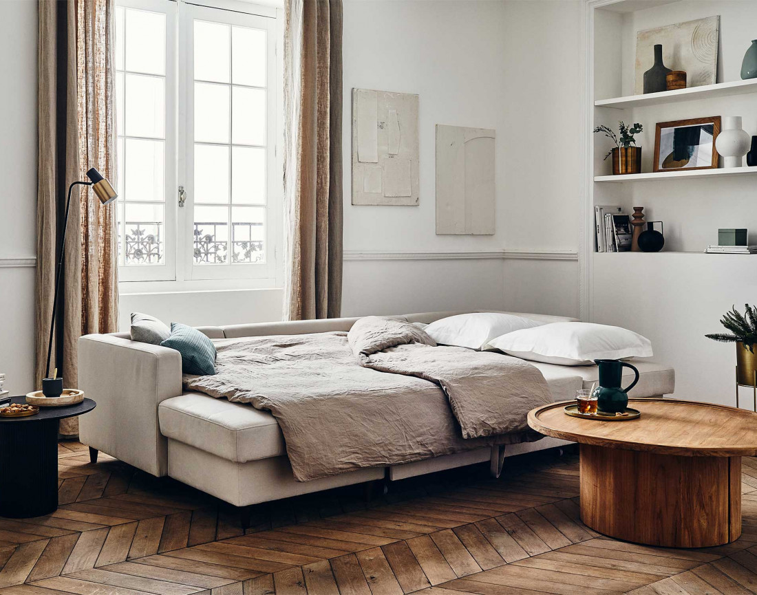 Canapé panoramique en U 7 places convertible avec coffre en velours Anna Canapé panoramique en U 7 places convertible avec coffre en velours Anna