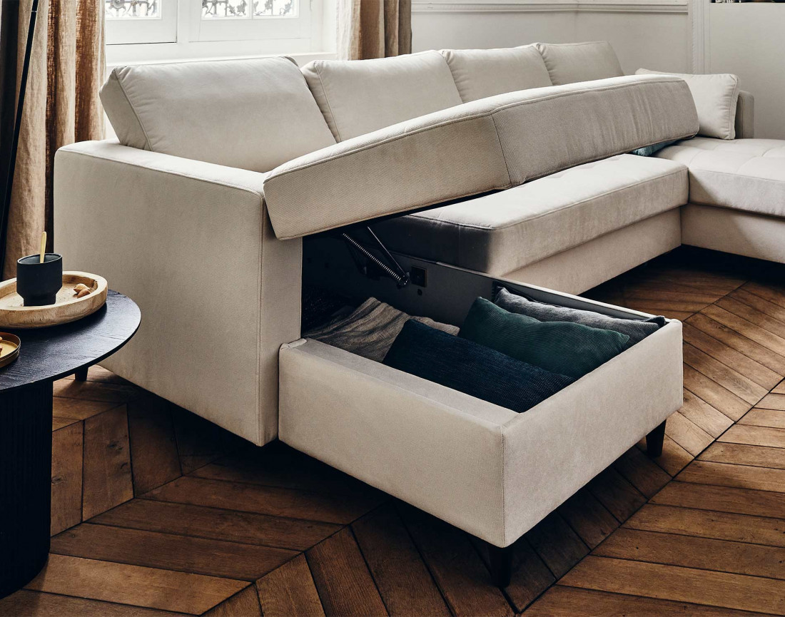 Canapé panoramique en U 7 places convertible avec coffre en velours Anna Canapé panoramique en U 7 places convertible avec coffre en velours Anna