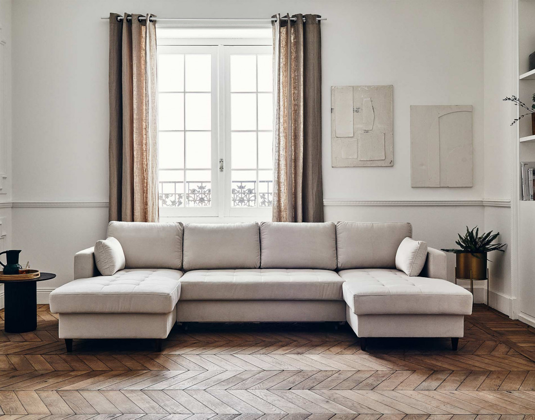 Canapé panoramique en U 7 places convertible avec coffre en velours Anna Canapé panoramique en U 7 places convertible avec coffre en velours Anna