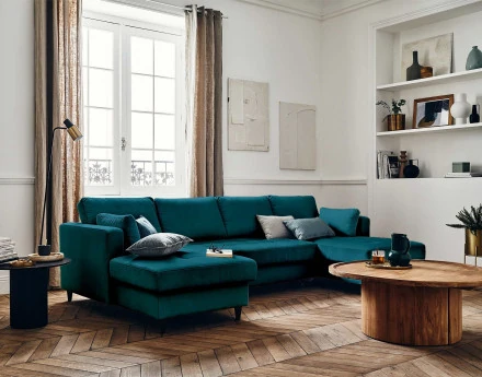 Canapé panoramique en U 7 places convertible avec coffre en velours Anna