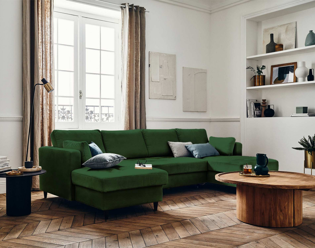 Canapé panoramique en U 7 places convertible avec coffre en velours Anna