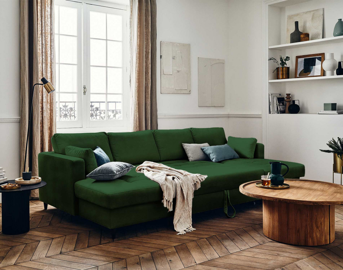 Canapé panoramique en U 7 places convertible avec coffre en velours Anna