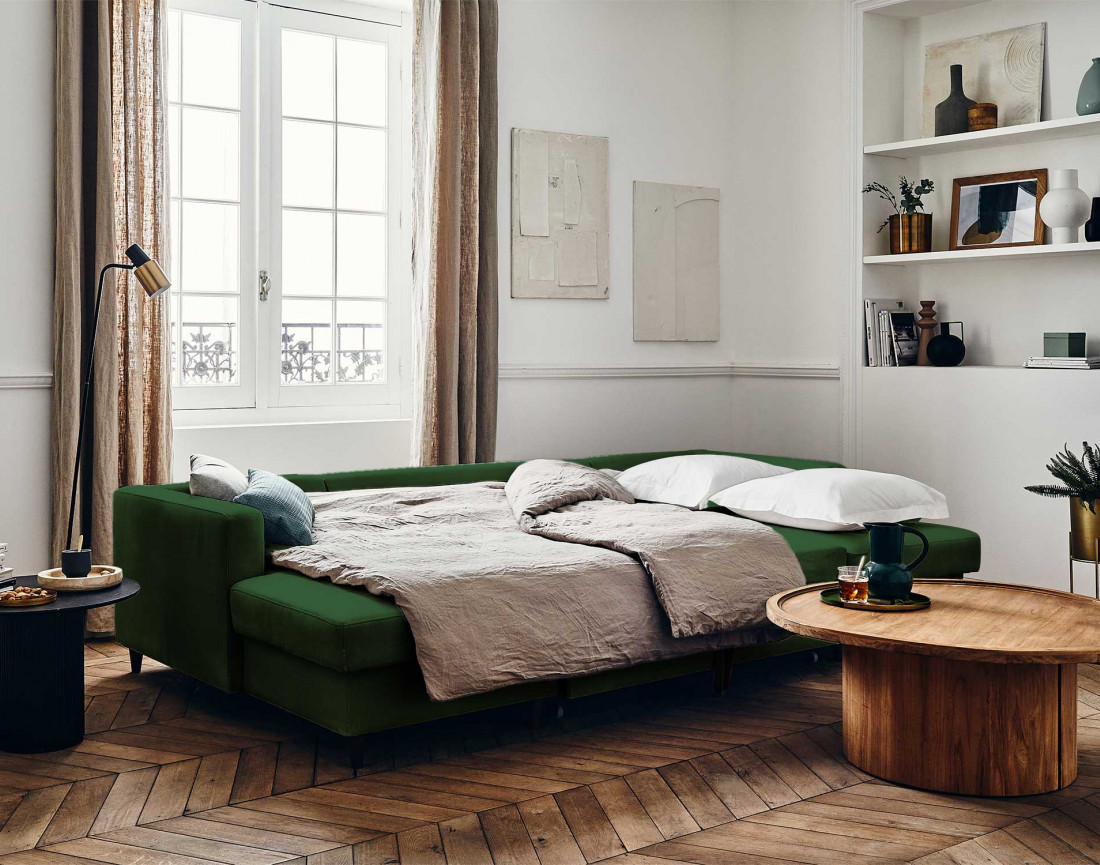 Canapé panoramique en U 7 places convertible avec coffre en velours Anna