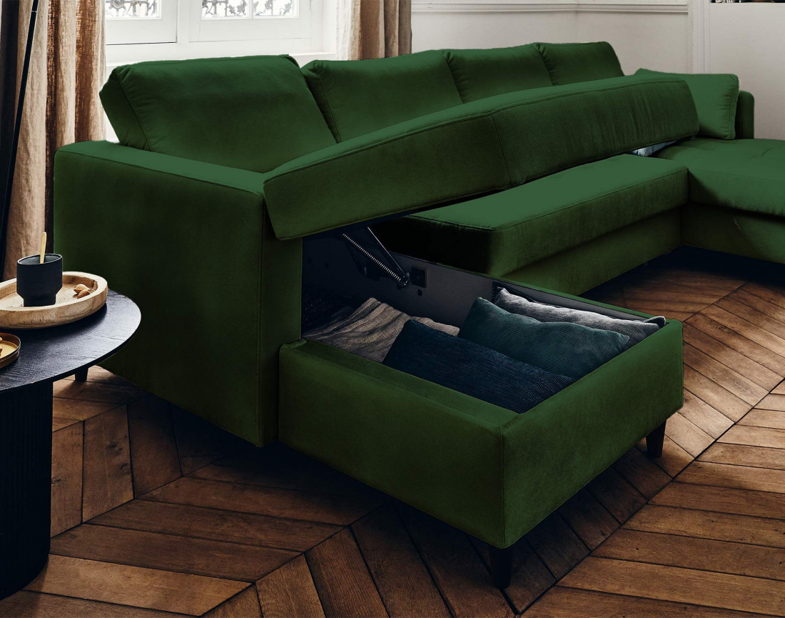 Canapé panoramique en U 7 places convertible avec coffre en velours Anna