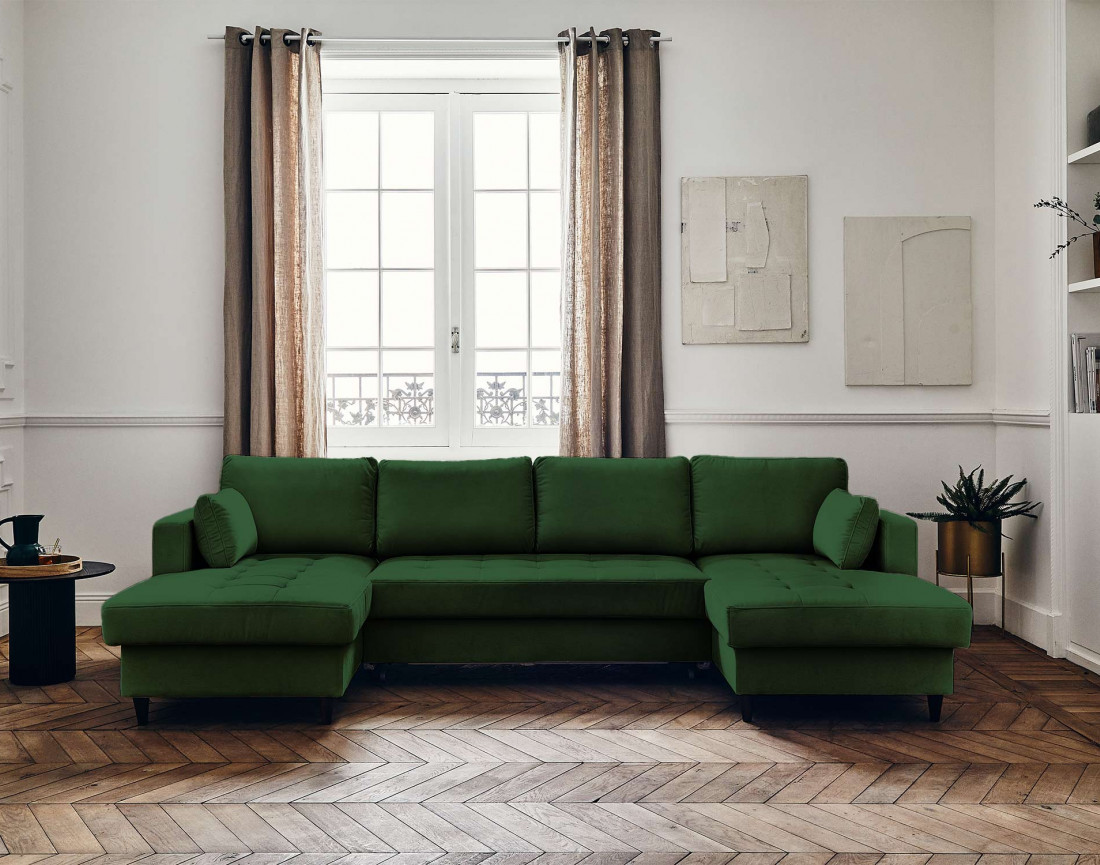 Canapé panoramique en U 7 places convertible avec coffre en velours Anna