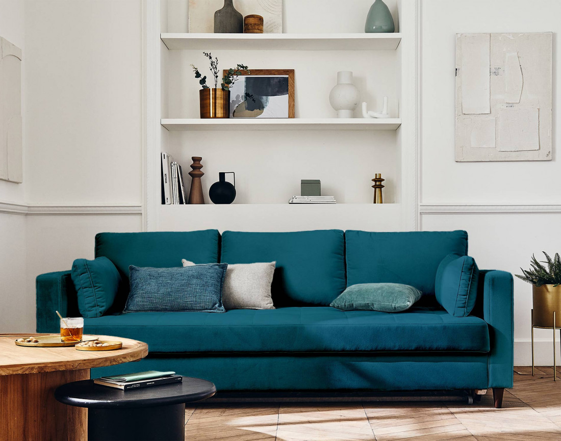 Canapé droit 3 places convertible avec poche en velours Anna