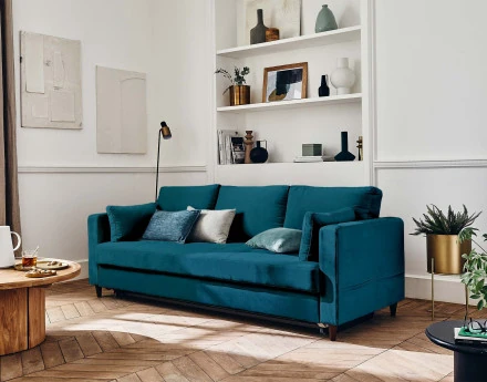 Canapé droit 3 places convertible avec poche en velours Anna