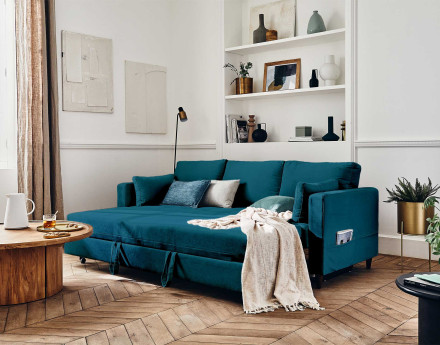 Canapé droit 3 places convertible avec poche en velours Anna