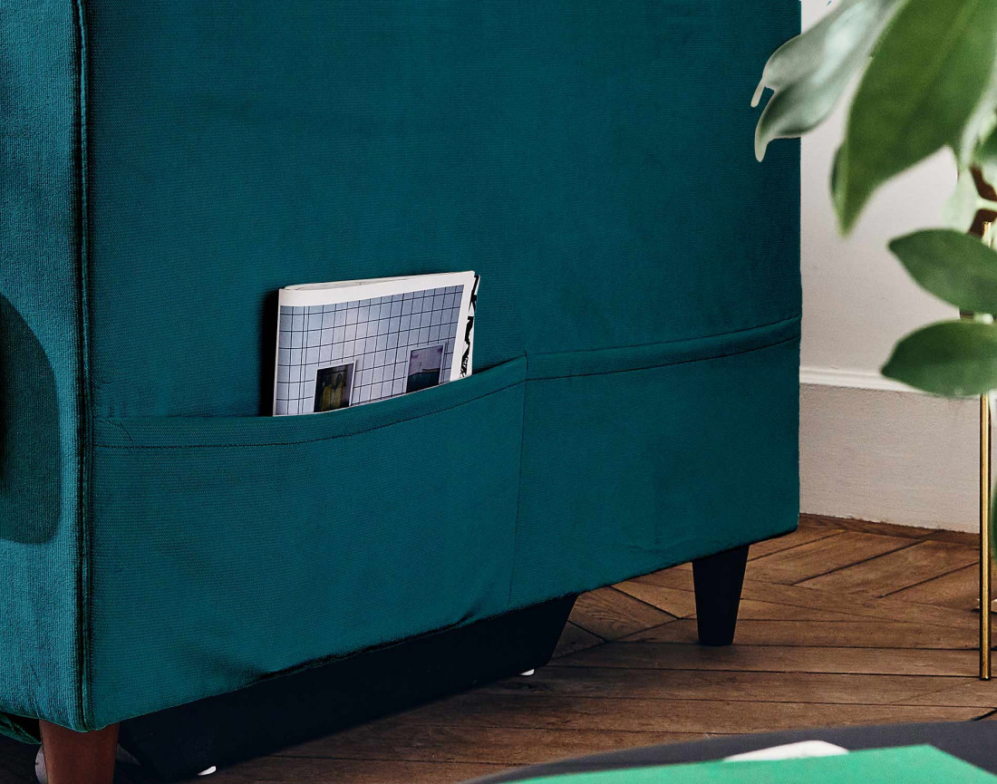 Canapé droit 3 places convertible avec poche en velours Anna