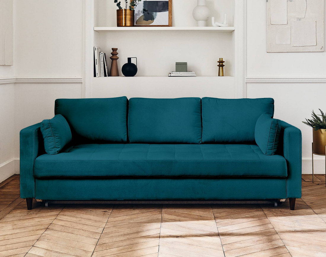 Canapé droit 3 places convertible avec poche en velours Anna