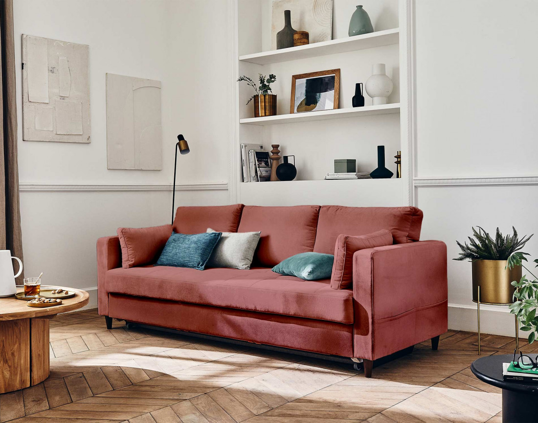 Canapé droit 3 places convertible avec poche en velours Anna