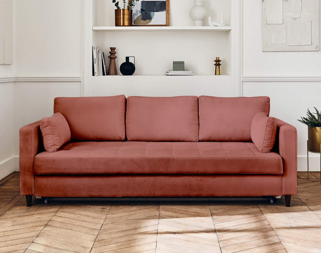 Canapé droit 3 places convertible avec poche en velours Anna