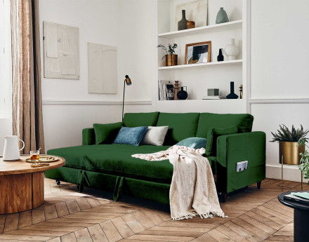 Canapé droit 3 places convertible avec poche en velours Anna