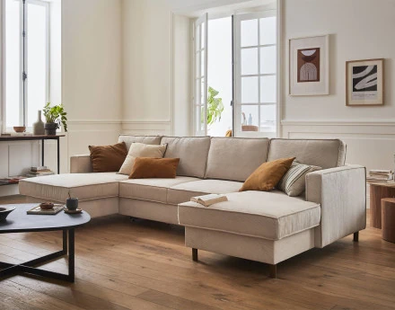 Canapé panoramique en U 7 places convertible avec coffre en velours côtelé Jake