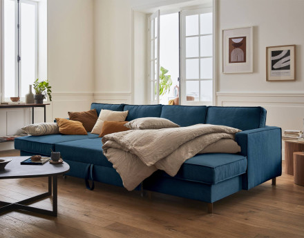 Canapé panoramique en U 7 places convertible avec coffre en velours côtelé Jake