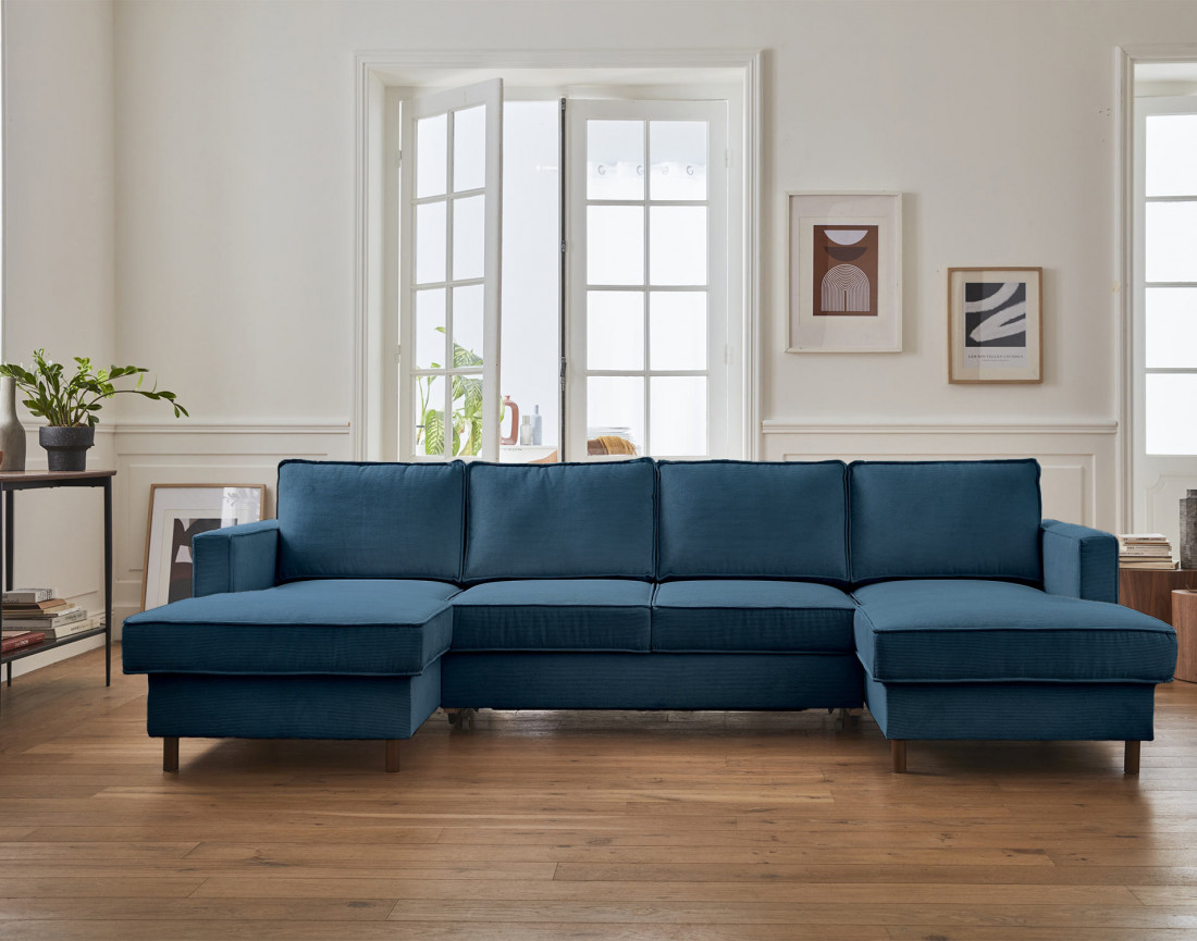 Canapé panoramique en U 7 places convertible avec coffre en velours côtelé Jake